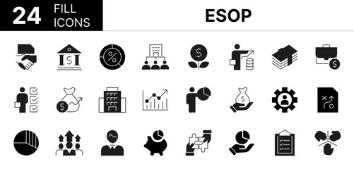 Collection of 24 Employee Stock Ownership Plan (ESOP) fill icons featuring editable strokes. These outline icons depict various modes of  ESOP retirement, work, participation, success, financial,