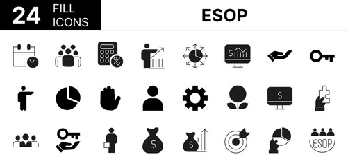 Collection of 24 Employee Stock Ownership Plan (ESOP) fill icons featuring editable strokes. These outline icons depict various modes of  ESOP retirement, work, participation, success, financial,