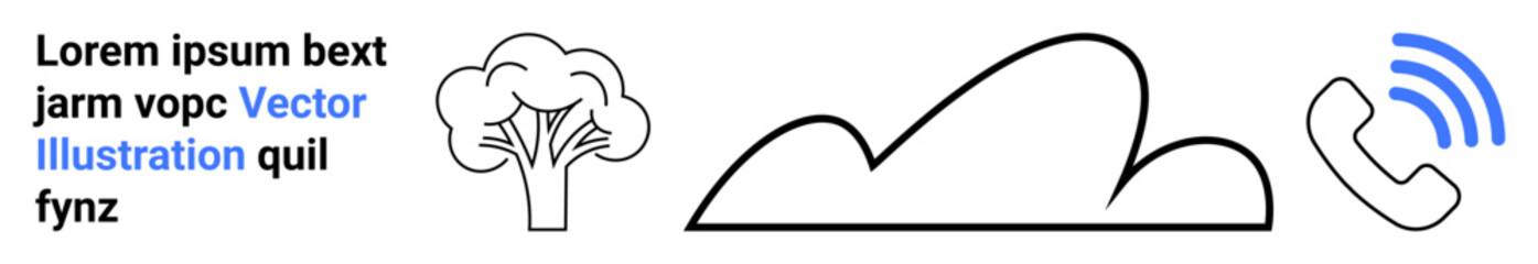 Tree silhouette, abstract cloud, and phone icon emitting blue signal lines. Ideal for environment, connectivity, communication, signal, technology, nature and simple landing page