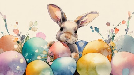 beautiful watercolor illustration of an easter bunny with eggs