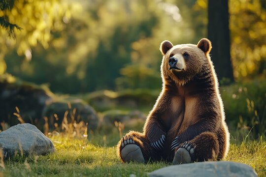 Brown Bear Sitting in a Forest Meadow Enjoying the Sunlight for wildlife conservation ads