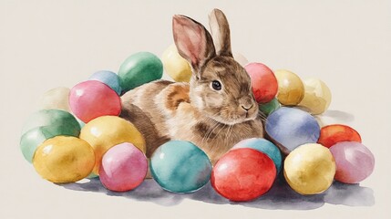 beautiful watercolor illustration of an easter bunny with eggs