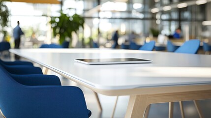 Modern Office Meeting Room Interior with White Table and Blue Chairs