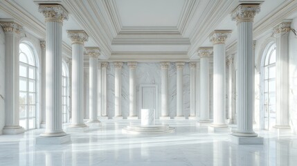 Grand, white marble hall with columns and arched windows