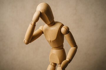 A wooden mannequin depicting a state of contemplation, with a thoughtful pose