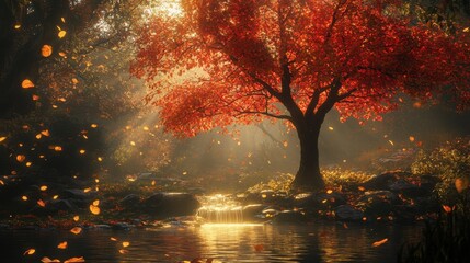 Fototapeta premium Captivating autumn woodland scene with a red maple tree glowing in golden light, serene water stream below, surrounded by dreamy foliage.
