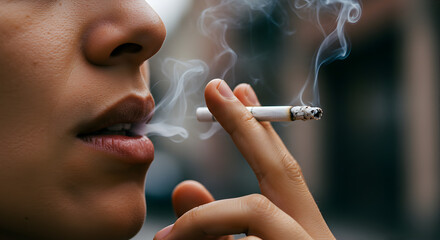 Fototapeta premium Side View of a Young Woman Smoking Cigarette Outdoors in Urban Setting With Smoke Around Her Face