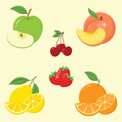 Set of fruits and berries in flat style. Apple, orange, lemon, peach, cherry and strawberries vector illustration. 