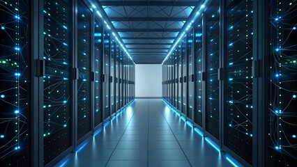 Fototapeta premium Data center server room with rack servers and network connections