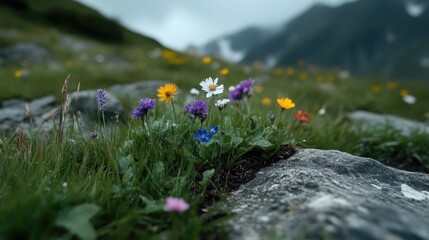 Vibrant wildflowers bloom amidst alpine rocks.  A carpet of colorful flowers, including daisies, violets, and other alpine blossoms, thrive in a meadow nestled amongst gray rocks
