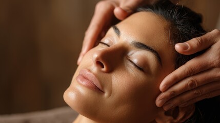 Serene moment of a woman enjoying a relaxing facial massage during a skincare session in a calm and peaceful setting