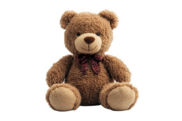 soft. plush teddy bear with a friendly expression. sitting upright it has a brown fur texture and a checkered bow tie around its neck. making it a classic children's toy this teddy bear serves as a co