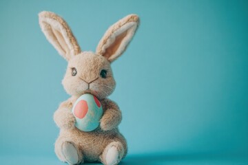 Obraz premium Cute stuffed bunny holding painted easter egg against blue background