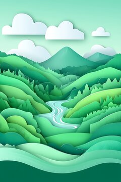 Papercut landscape with rolling hills, river and clouds serene environment