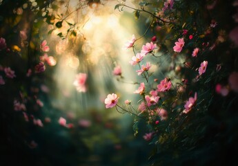 Pink Flowers in Golden Sunlight Dreamy Garden Scene