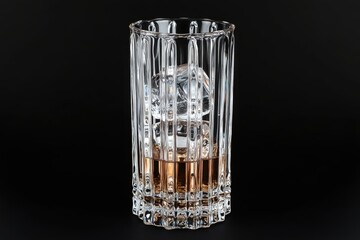 Elegant crystal glass filled with amber liquor and ice cubes against a dark background creating a sophisticated and inviting ambiance for a refined taste