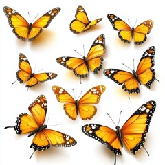 Captivating array of monarch butterflies gracefully soaring against a pristine white backdrop vibrant wings showcasing intricate patterns and delicate beauty nature's artistry