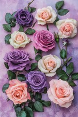 Floral Harmony of Pastel Roses on a Textured Purple Backdrop Capturing Delicate Beauty and Serene Ambiance with Soft Lighting and Elegant Composition
