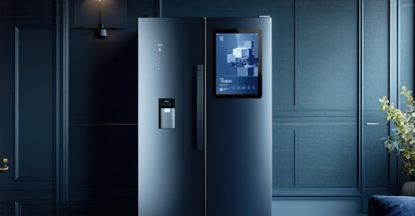 Smart refrigerator with touch display showing empty ad space deep navy and muted silver symbolizing futuristic home marketing