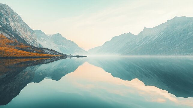 Serene mountain lake landscape with calm water reflection sky fog view blue teal dawn mist green