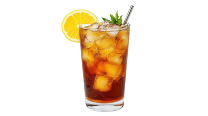 a refreshing glass of iced tea sits on a white background. filled with ice cubes and garnished with a lemon slice and a sprig of mint the drink appears cold and inviting. perfect for quenching thirst