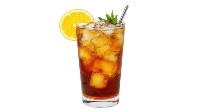a refreshing glass of iced tea sits on a white background. filled with ice cubes and garnished with a lemon slice and a sprig of mint the drink appears cold and inviting. perfect for quenching thirst