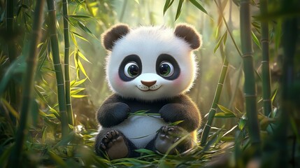 Cute panda cub bamboo forest digital art