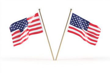 Obraz premium Two American flags waving on flagpoles isolated on a white background showing a patriotic concept with wind movement, 3D rendering.