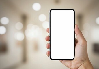 Consider this image for its use as a mobile app mock-up, featuring a hand holding a smartphone with a blank white screen against a subtly blurred background