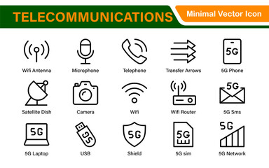 Modern 5G Telecommunications Line Icons – Minimalist Vector Outline Illustrations for Wireless Tech, Mobile Data, Network Infrastructure, and IoT Connectivity