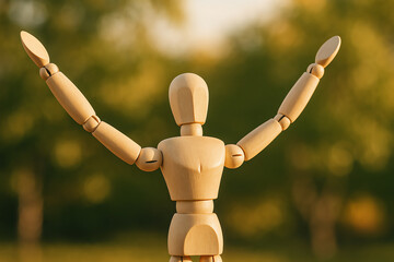 A wooden artist mannequin with outstretched arms stands against a blurred outdoor background, symbolizing freedom and creativity. Ideal for motivational and artistic themes.