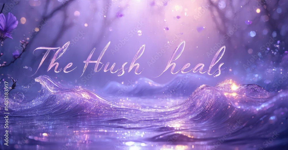 Poster mystical water scene. purple hues dominate, creating serene atmosphere. text the hush heals floats a