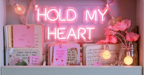 Pink aesthetic shelf display. Neon sign reads Hold My Heart. Cards, flowers, lights create romantic, cozy vibe. Soft focus, warm tones dominate scene.