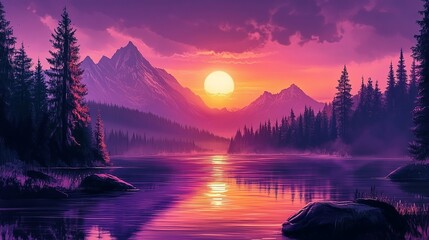Fototapeta premium Serene purple sunset landscape with majestic mountains and calm lake sky art pink view trees water