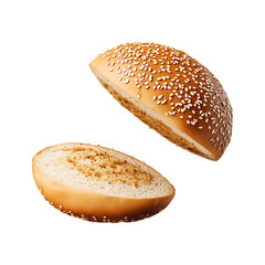 Isolated burger bun with sesame seeds floating  food photography studio shot close up view isolated on a transparent background.