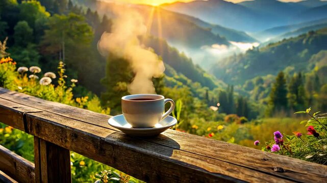Sunrise serenity Enjoy a hot cup of joe with a breathtaking mountain view