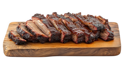 a beautifully arranged platter of sliced barbecue brisket. glistening with a rich glaze. presented on a wooden cutting board the dish highlights the texture and smoky flavor of the meat. making it an