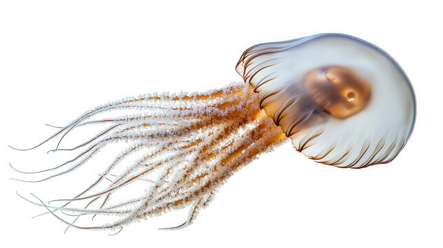 translucent jellyfish with long. flowing tentacles. showcasing its delicate body structure and ethereal appearance against a light background the jellyfish is captured in a way that highlights its nat