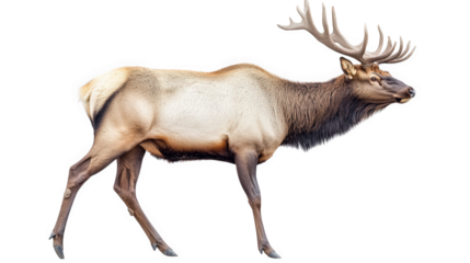 majestic elk in profile. showcasing its impressive antlers and muscular build the elk is depicted against a plain white background. emphasizing its natural beauty and form can serve educational. artis