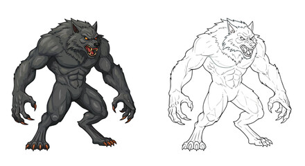 Fototapeta premium Werewolf Illustration: A captivating illustration of a ferocious werewolf in a detailed, dynamic pose with intricate lines. This illustration captures the essence of the classic creature.