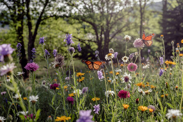 Monarch Butterflies Sipping Nectar From Wildflowers In A Sunny Meadow With Trees In Background