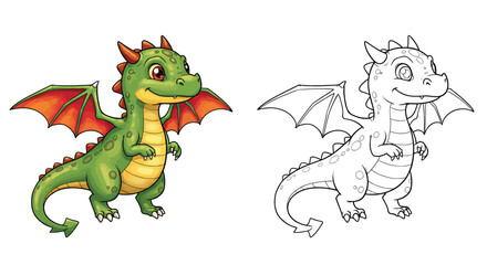 Fototapeta premium Whimsical Dragon Fantasy: A friendly, vibrant dragon illustration, embodying the charm of a mythical creature with a playful demeanor. This artwork radiates joy, perfect for imaginative concepts.