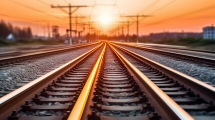 Fototapeta premium Railroad Tracks Leading Towards Sunset