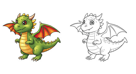 Fototapeta premium Friendly Dragon in Fantasy World: Adorable illustration of a charming, green dragon with vibrant details, wings spread, inviting us into its imaginative world. 