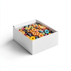 Colorful cereal loops and candies in a white box food photography product shot studio lighting bright dessert
