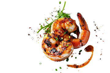 Grilled shrimp with fresh herbs, drizzled with dark sauce. Png isolated object with transparent background