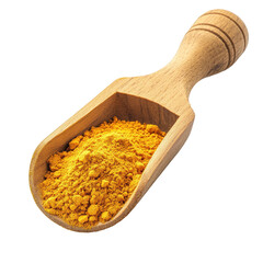 Turmeric powder in wooden scoop isolated on Transparent background for culinary and health purposes, turmeric powder in wood scoop isolated on PNG background