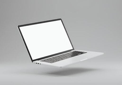 Laptop with Blank Screen Floating on Gray Background