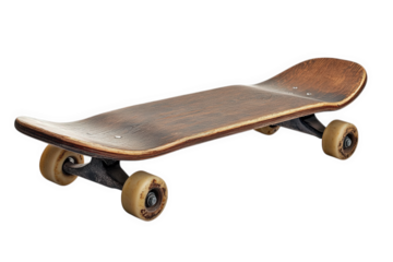 classic skateboard. showcasing its wooden deck and four wheels. designed for skating and performing tricks the skateboard's structure highlights its purpose for leisure and sport. appealing to enthusi