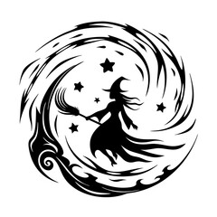 Vector illustration of a witch silhouette on a flying broom | Premium Vector